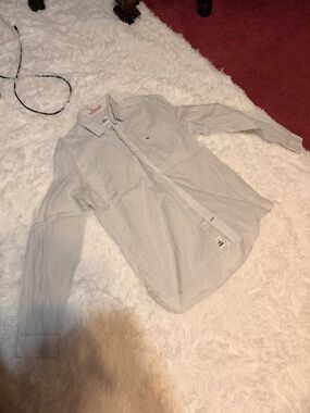 Lacoste White Button-Up Shirt with Navy Pinstripes